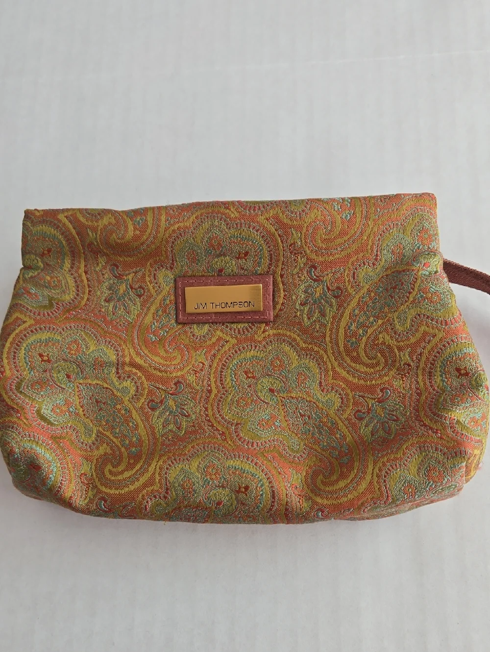 Jim Thompson Silk Orange Green Paisley Jacquard Cosmetic Bag Coin Purse